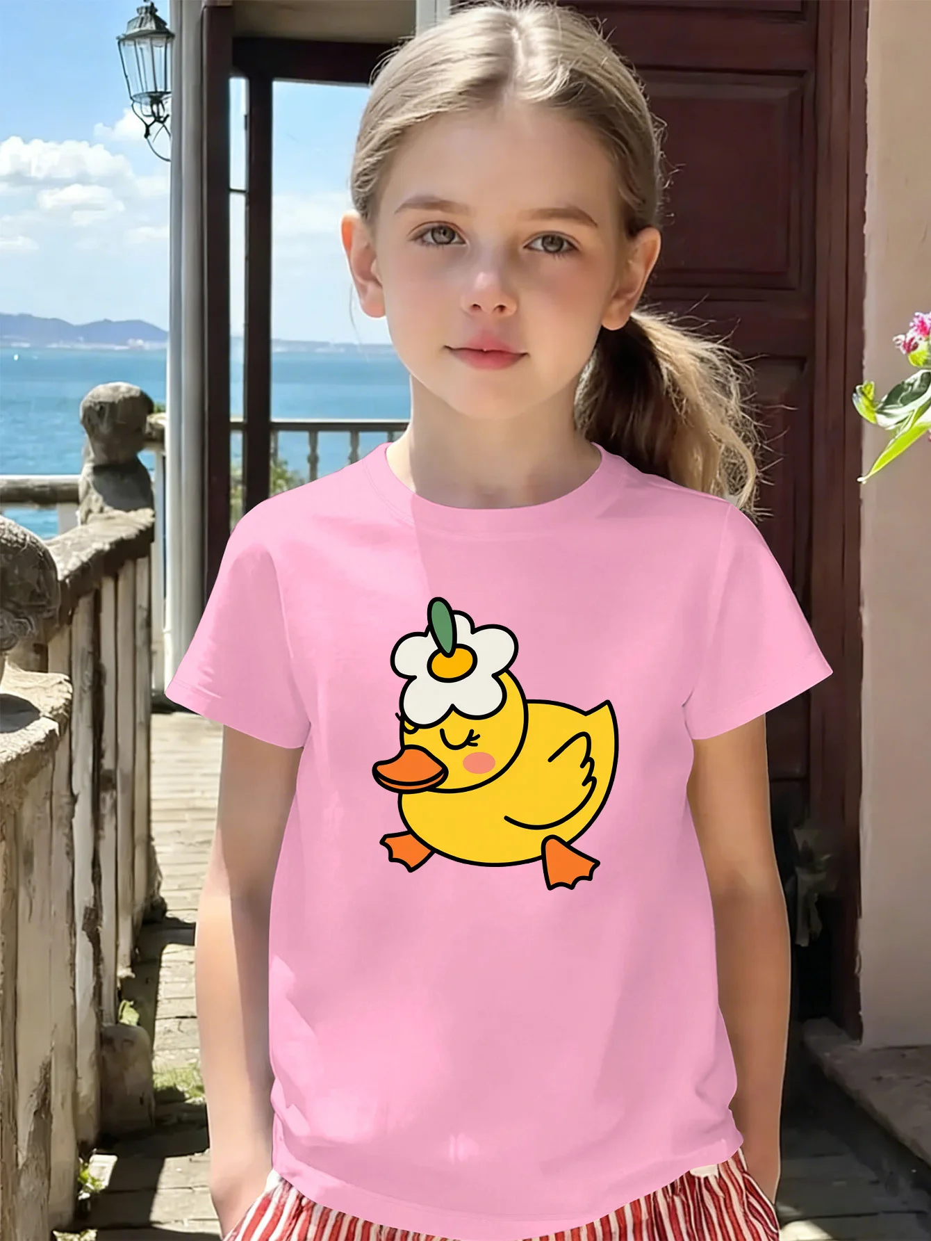 Sweet Yellow Duck Wearing Flower Cartoon Print Kids Tees Casual Short Sleeve Tops For Little Girls Spring Summer Daily Outfits