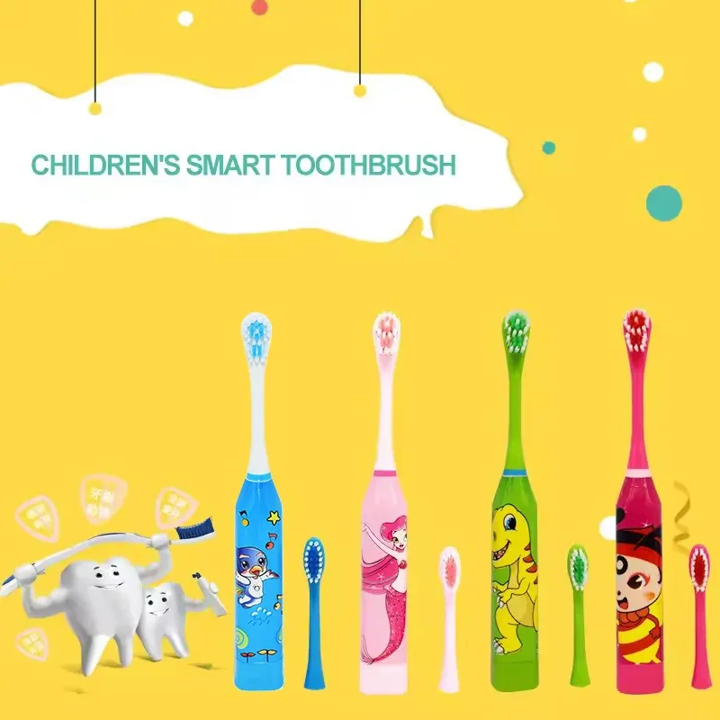 Children Sonic Electric Toothbrush Soft DuPont Bristle Cartoon Pattern Battery Toothbrush IPX7 Waterproof  With Replaceable Head