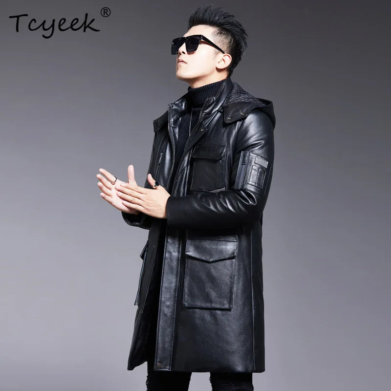 Tcyeek Real Leather Jacket Men Mid-length Top Layer Cowhide Coat Male White Duck Down Coats Winter Autumn Clothes Куртка Мужская