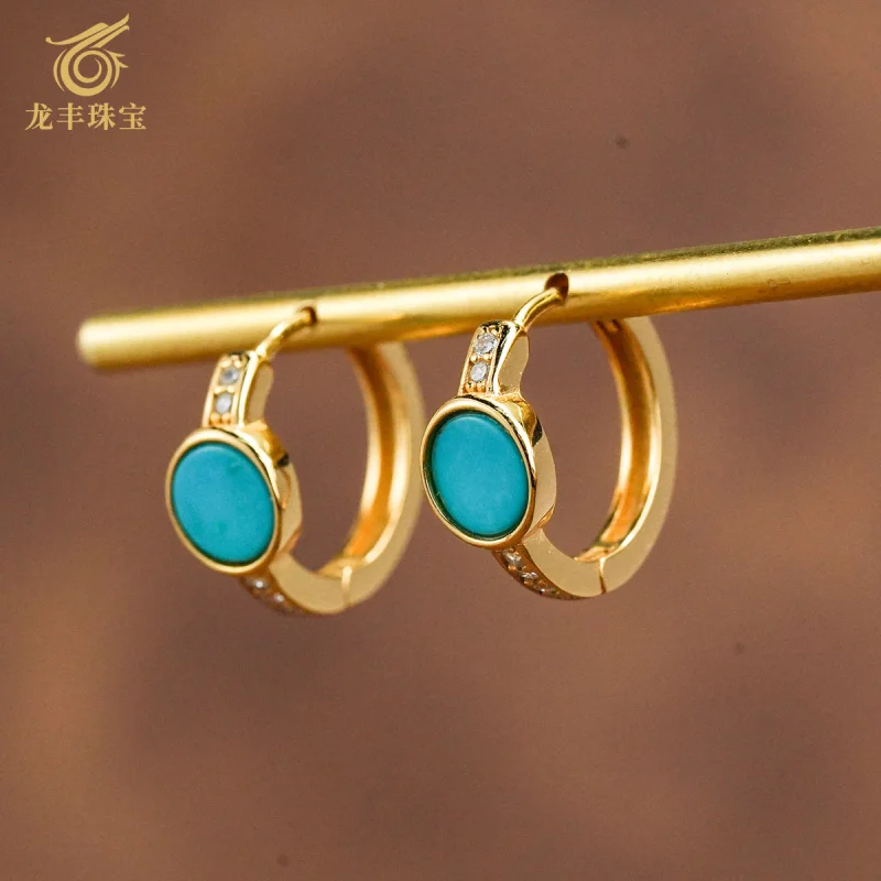 Turquoise Earrings S925 Silver Plated 18k Gold Natural Turquoise Round Earrings Women's Earrings