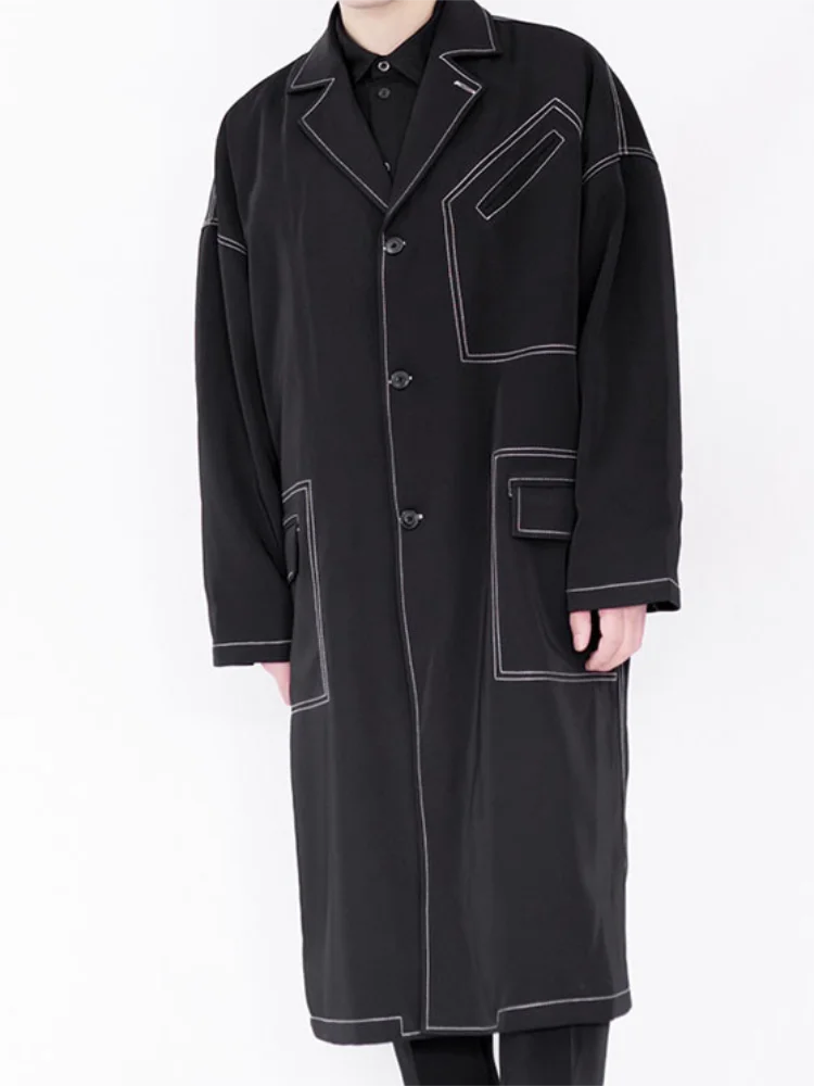 

Men's Trench Coat Spring And Autumn New Bright Line Design Dark Medium Long Casual Loose Large Size Trench Coat