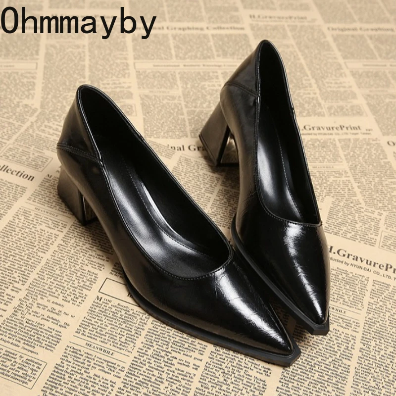 جديد 2026 ربيع كعب سميك النساء ماري جين أحذية موجزة الضحلة الانزلاق على أحذية عمل المرأة أشار تو فستان الحفلات مضخات