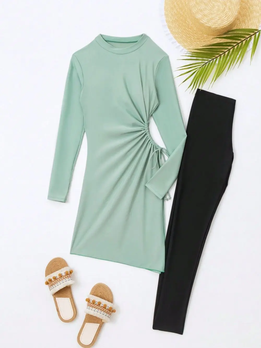 Burkini Femmes Muslim swimsuit mint green long sleeve swimwear waist hollow design sunblock swimsuit beach wear surfwear