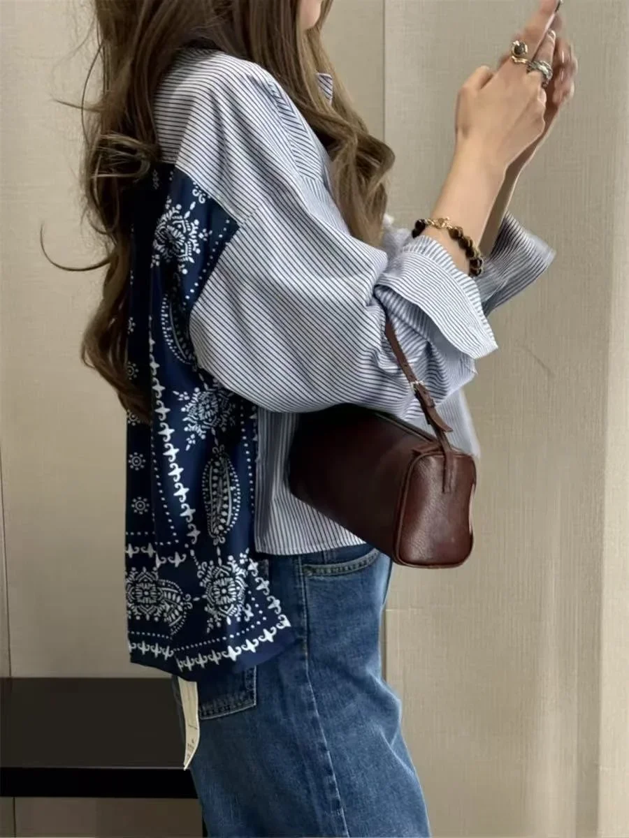 Women's Back Retro Printed Patchwork Striped Shirt 2025 Autumn New Single Breasted Female Loose Long Sleeved Top