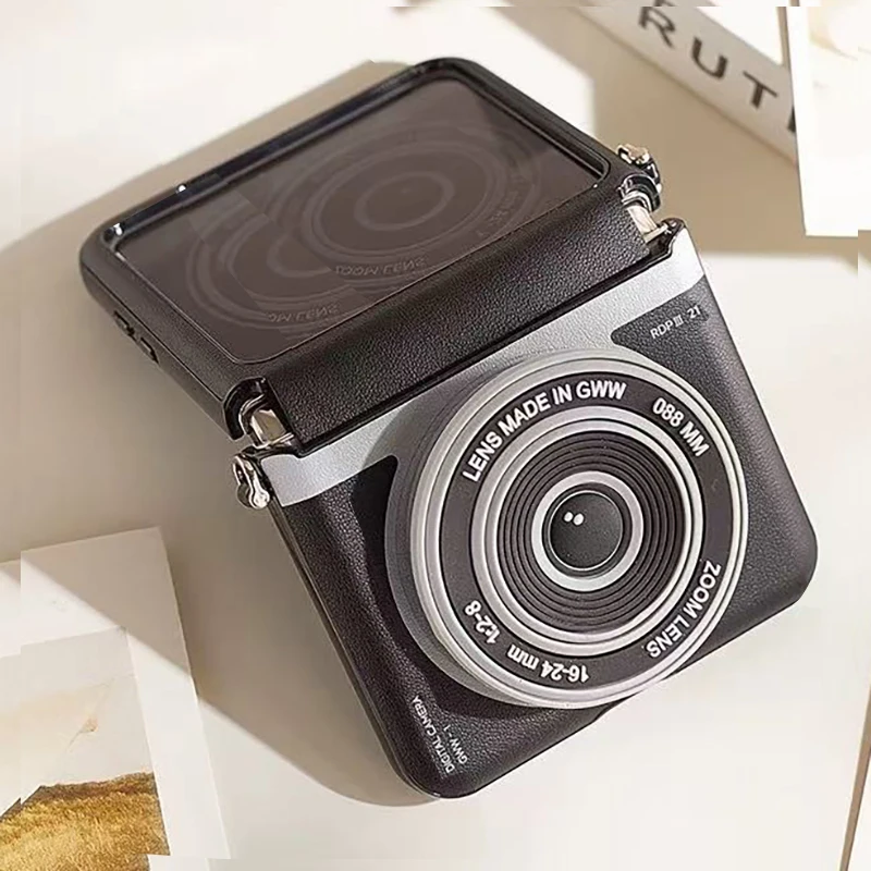 Luxury Camera Stand Leather Magnetic Flip Cover For Samsung Z Flip7 Galaxy Z Flip 6 Z Flip 5 Case With Shoulder & Hand Lanyard