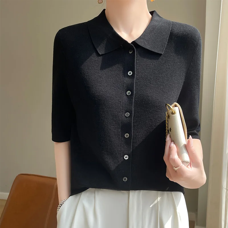 Women New Spring Summer Fine Wool Knitted T-shirt Polo Collar Short Sleeve Cardigan Female Casual Slim Sweater Bottoming ​Tops