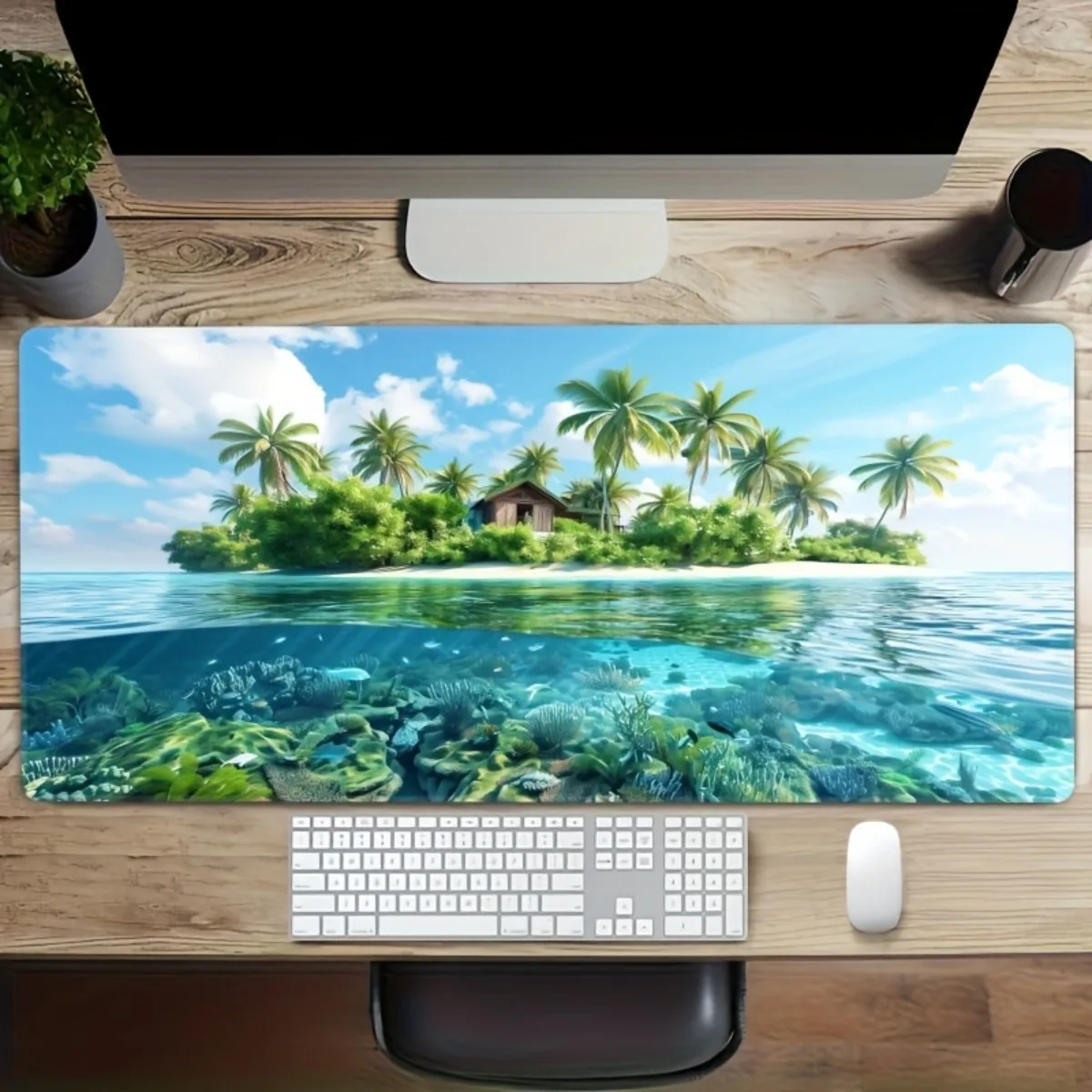 Comfortable Rubber Mouse Pad Wear Resistant Non Slip Washable Desk Mat Tropical Island Forest Print For Work And Daily Use
