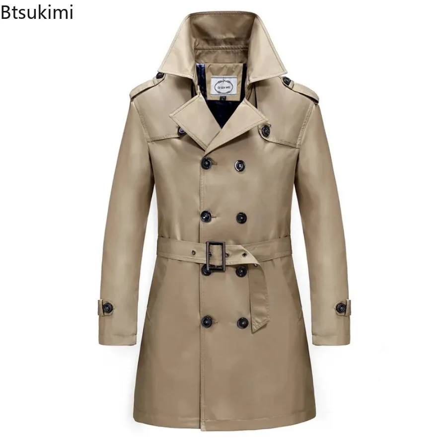 2024 Men's Long Trench Jacket Coats Spring Autumn British Style Business Office Trench Men's Solid Slim Double Breasted Jacket