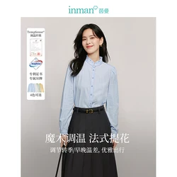 INMAN 2024 Autumn Women's Shirt Technology Thermostatic yarn Stand collar Age-reducing loose long sleeve blouse top