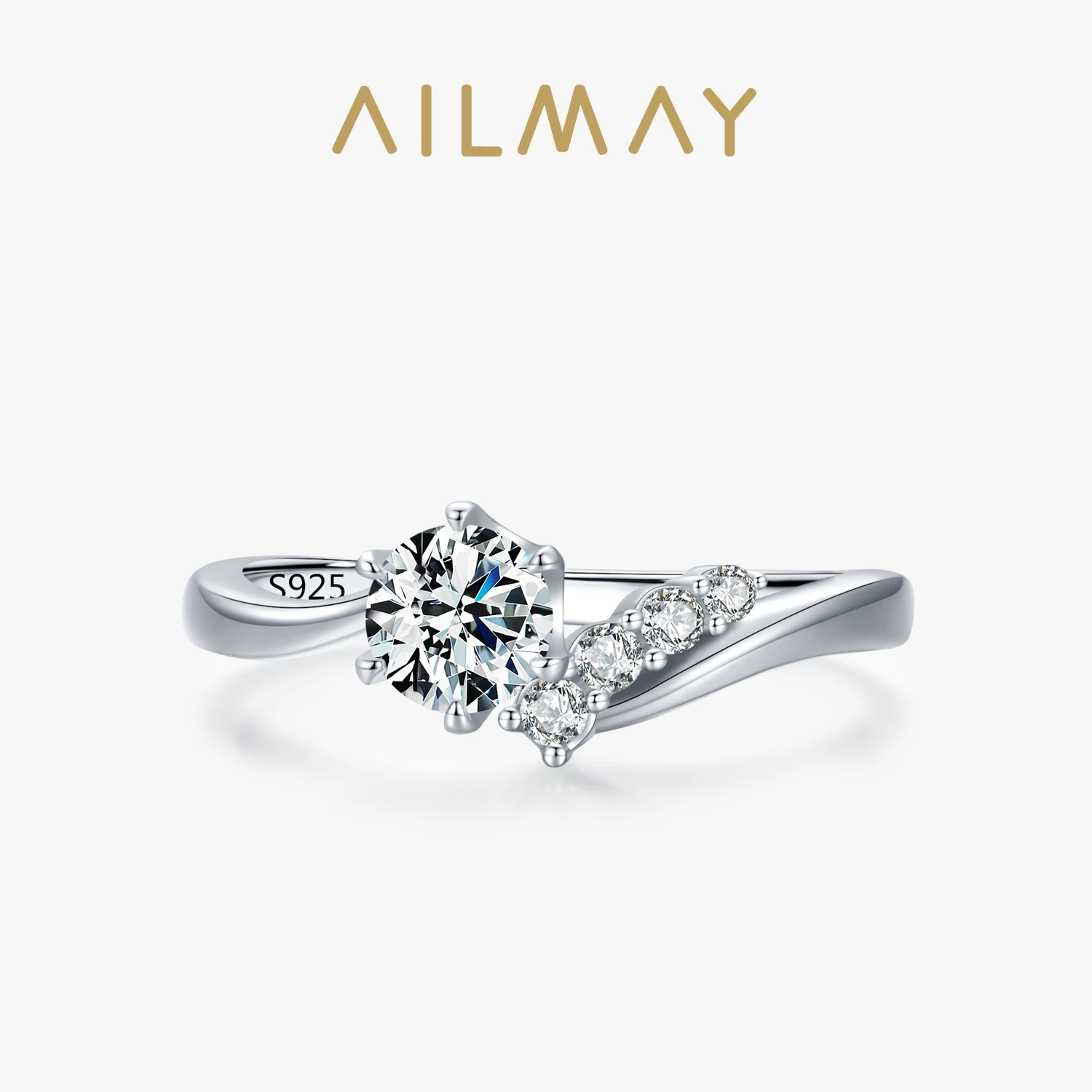 Ailmay Real 925 Sterling Silver Fashion Simplicity Clear Zircon Six Claw Asymmetry Ring Arm For Women Wedding Engagement Jewelry