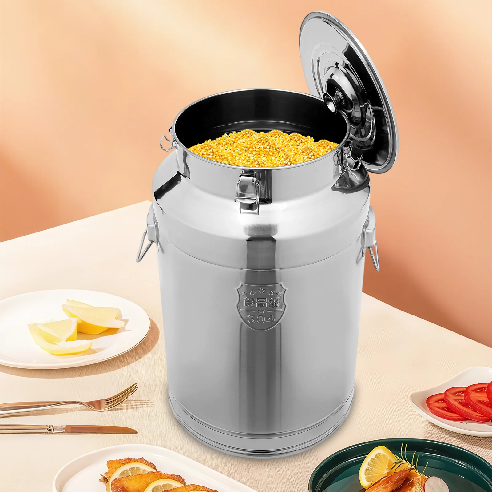 

Commercial 304 Stainless Steel Bucket, 20Gal Airtight Storage Container, Food Grade Milk & Grain Dispenser with Locking Lid