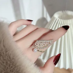 High Quality Full of Pearl Angel Wings Rings for Women Charm Gold Color Stainless Steel Zircon Finger Jewelry Accessory Fastness