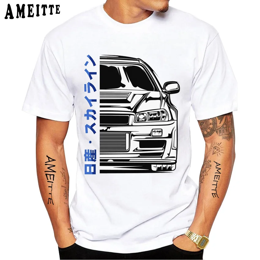 Skyline R34 GTR V Spec Half Front Illustration T-Shirt New Summer Men Short Sleeve Japan Classic Car Casual Boy Tees Tops