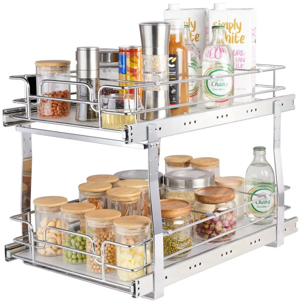 

2 Tier 14x21 Pull Out Cabinet Organizer Heavy Duty Chrome Steel Storage Shelves for Kitchen Bathroom