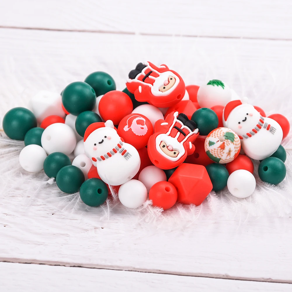 LOFCA 64Pcs Christmas Silicone Focal Round Beads Silicone Teether necklace pacifier making Bpa free food grade silicone jewelry