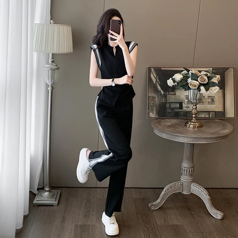 

2025 new black solid color loose slimming and stylish sleeveless top two-piece trendy sports suit women's summer pants