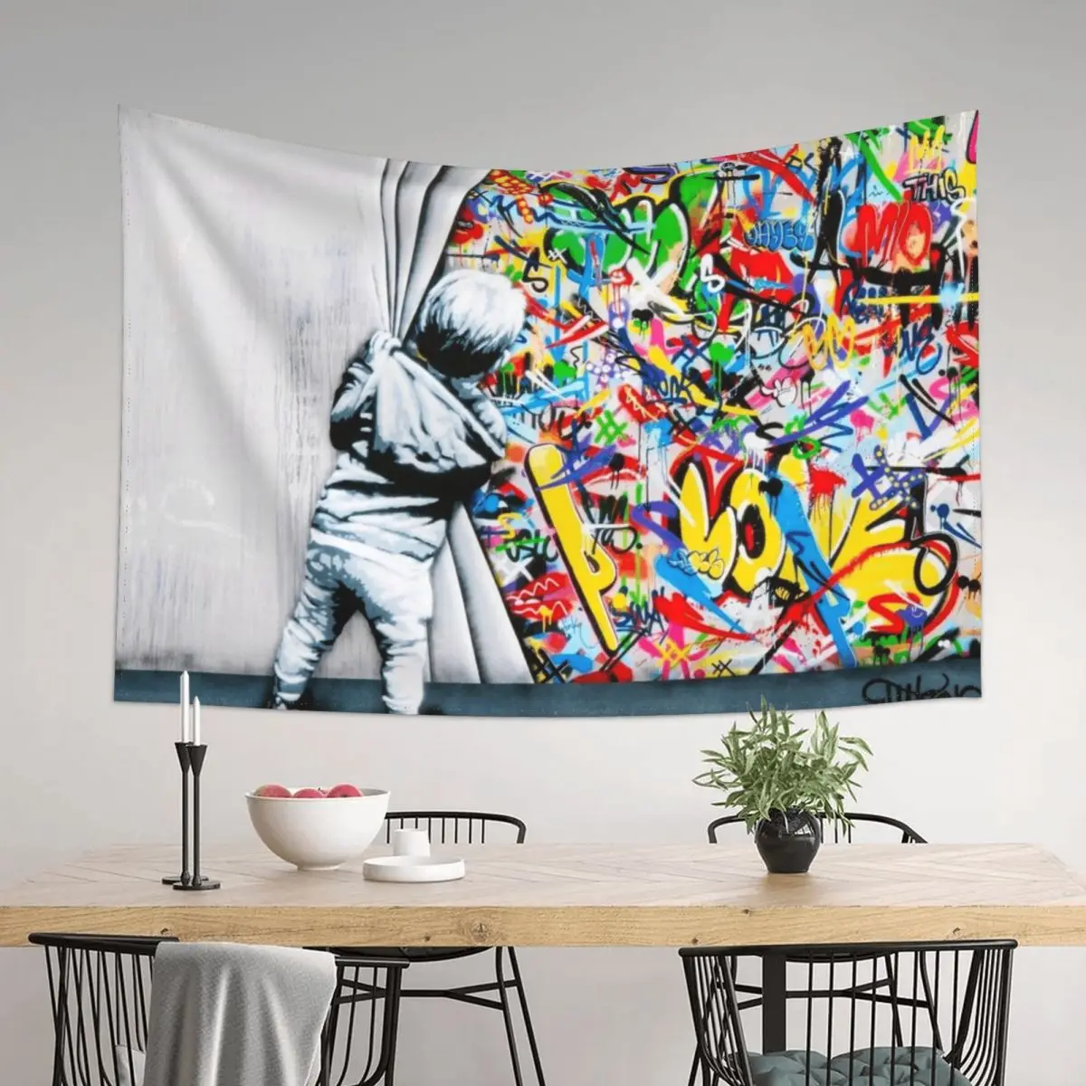 

Behind The Curtain Boy - Colorful Graffiti Pop Art - Banksy Street Art Mural Tapestry Mushroom Tapestry