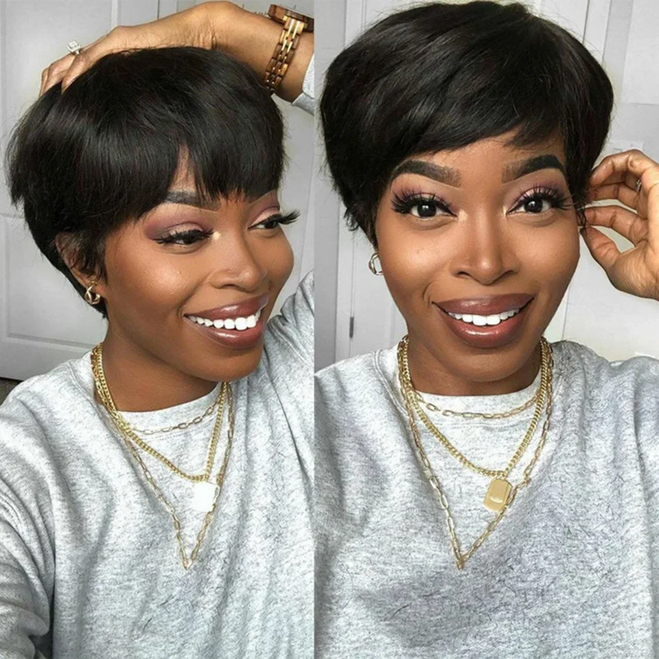 Phashion Bob Brésilienne Naturelle Remy avec Frange, Cheveux Courts et Lisses, Coupe Pixie, Sans Colle, Faite à la Machine, Bon Marché, pour Femme Africaine