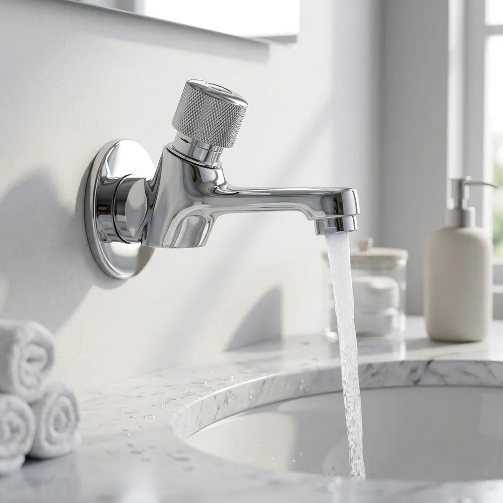 Modern Simple Copper Wall Mount Basin Faucet with Press Type Delay Function Electroplated Silver Finish 16.5x12x6cm