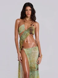 Vintage Green Women's Split Bikini Set High Slit Cutout Print Bikini Cover Long Skirt American Personality Fashion Design Beach