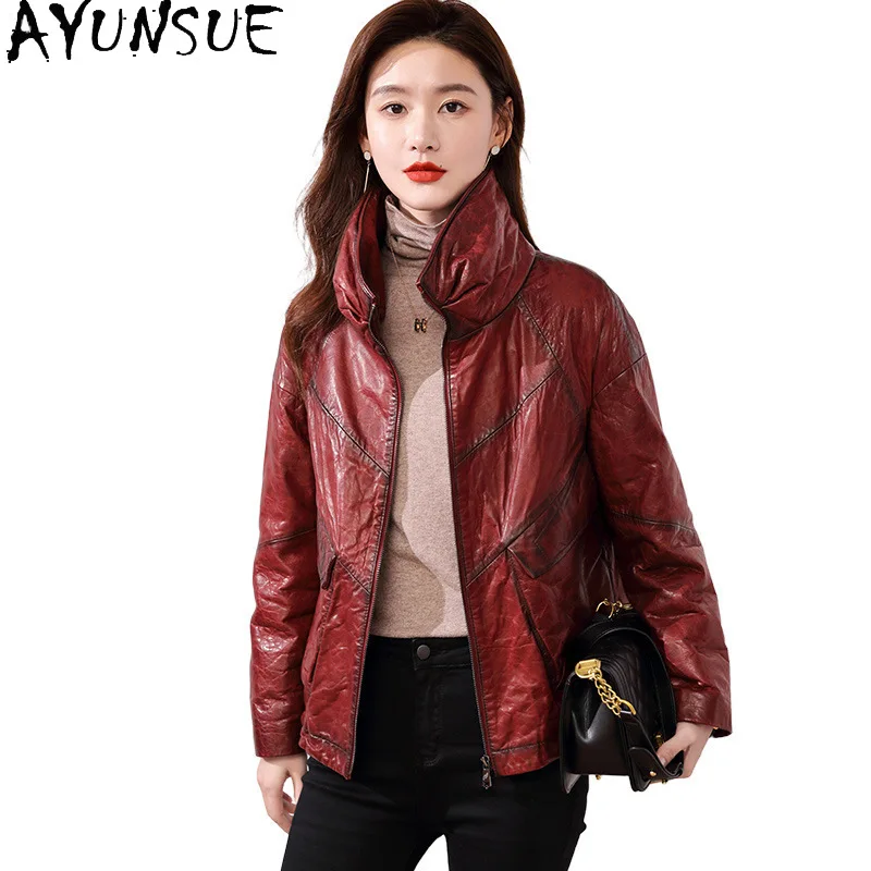 

AYUNSUE пуховик из овчины из натуральной кожи, женская зимняя одежда, новинка 2025, высококачественное теплое пуховое пальто с воротником-стойкой