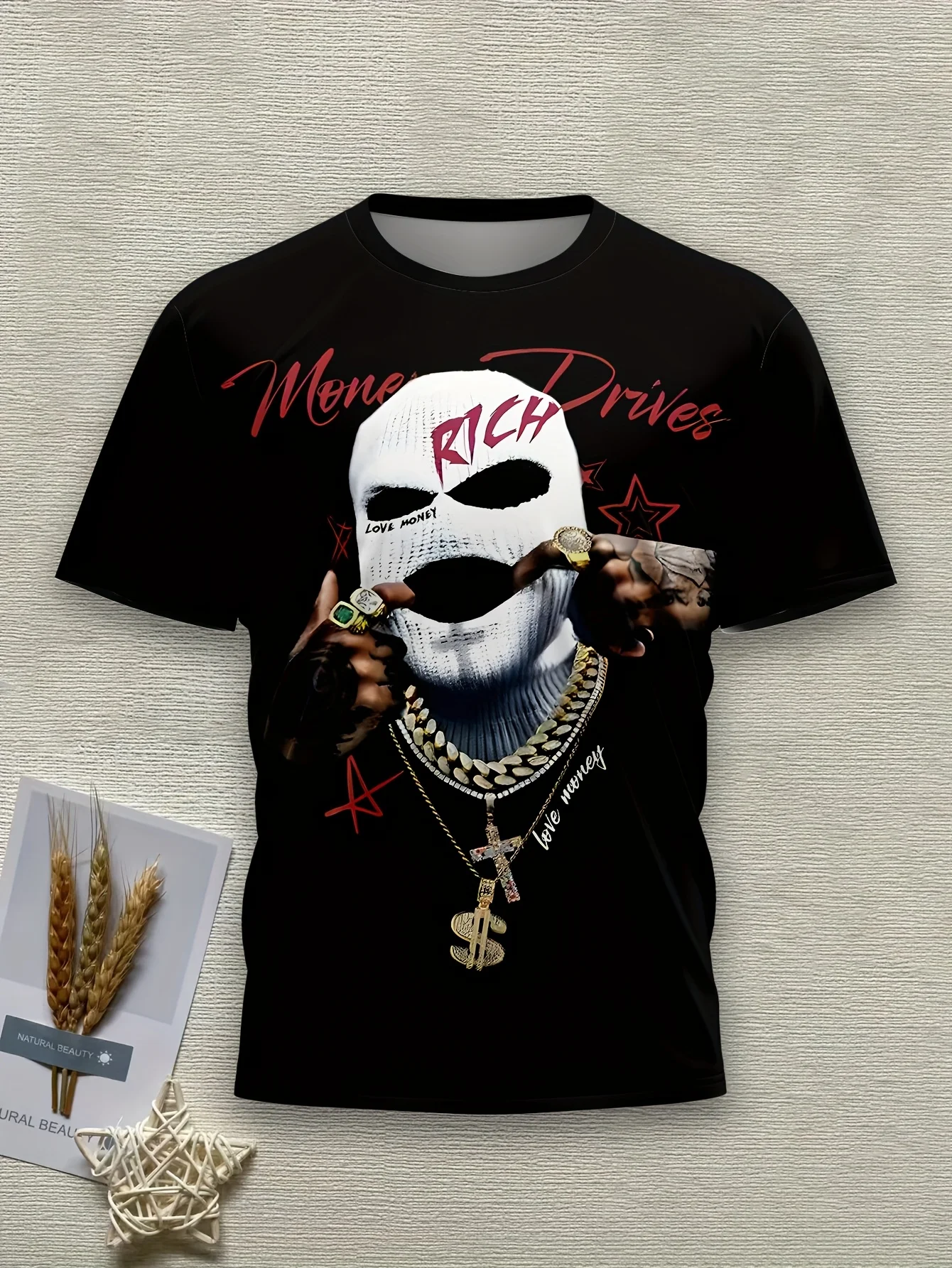 Men's Ski Mask Gold Chain Print T-Shirt Black Hip Hop Money Rich Streetwear Crew Neck Top
