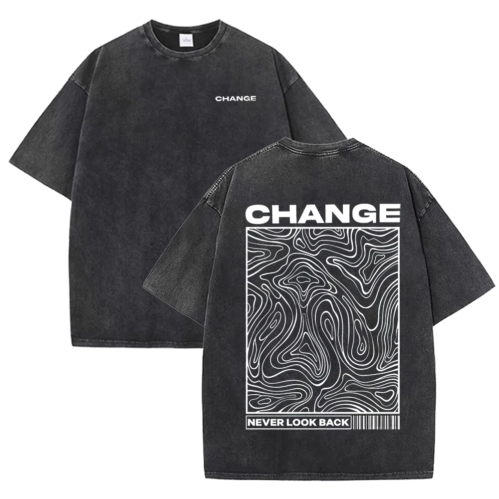 Change Never Look Back Printed Washed T-Shirts Womens Cotton Oversize T Shirt Summer Short Sleeve Tops Casual O-Neck Clothes
