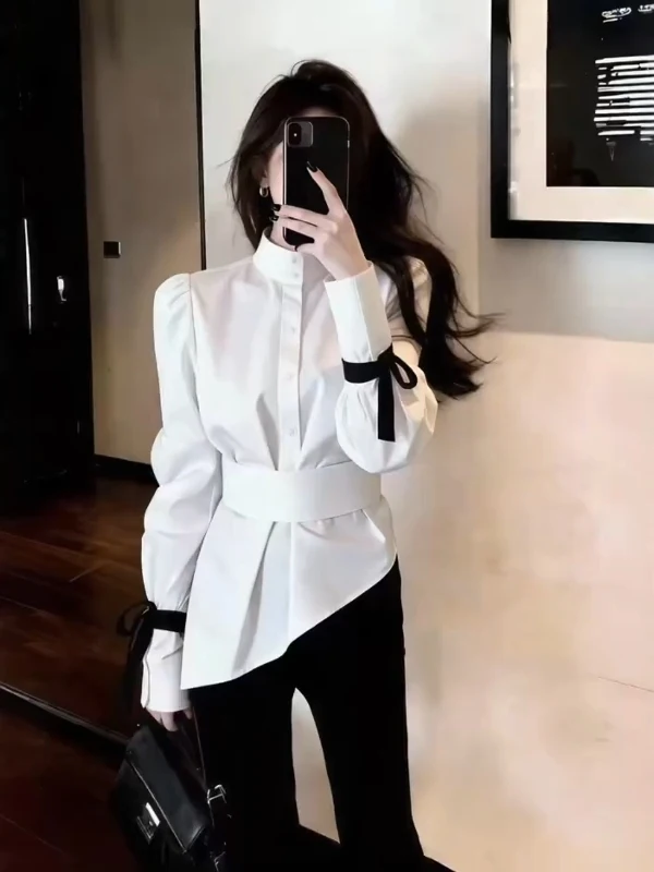 

Elegant White Shirt Women's Spring 2026 New Style High-End Bubble Sleeve Asymmetrical Waist-Cinching Long Sleeve Top