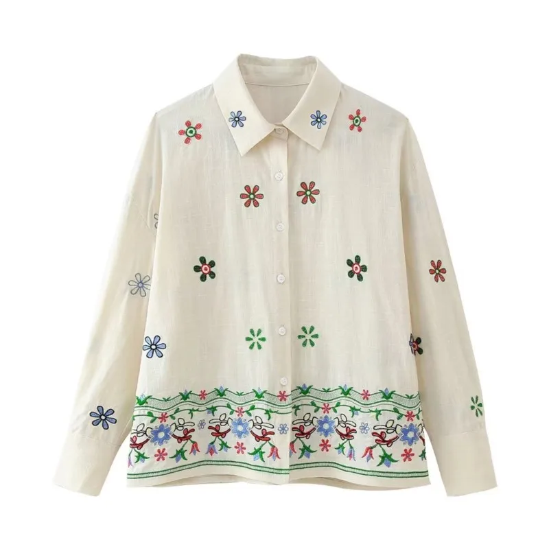 

Flower embroidered shirt For Women Summer Prairie Chic Loose Blouses Lapel Button Casual Shirt Lady Lightweight Tops