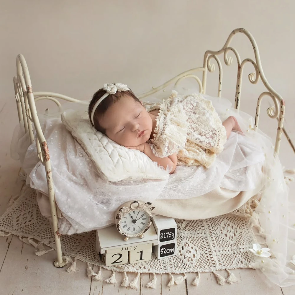 Beige Lace Ruffle Off Shoulder Romper Newborn Photography Outfit Baby Photo Shoot Props Infant Lace Baby Girl Clothing