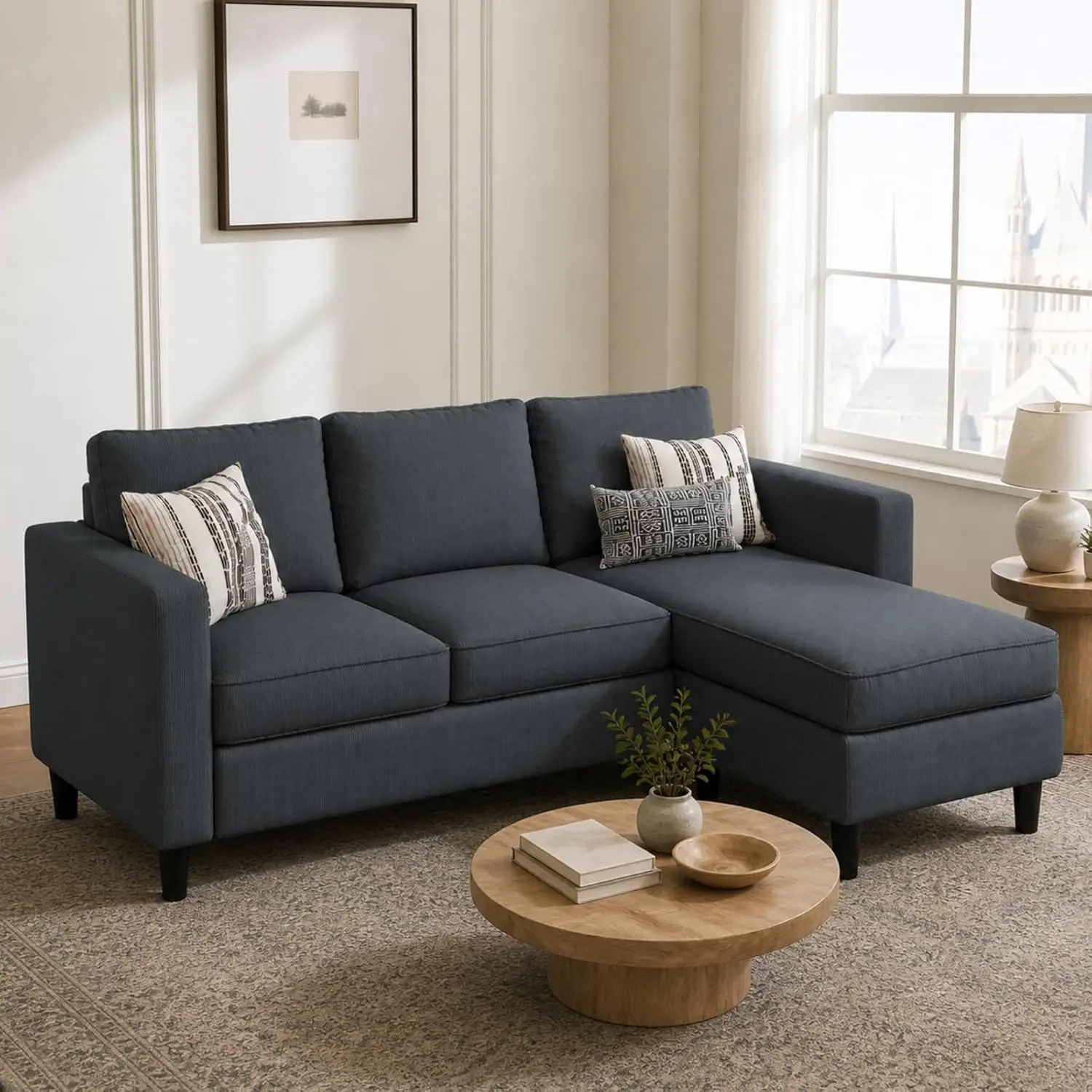

Modern L-Shaped Sofa with Adjustable Ottoman for Compact Living Spaces, Gray Soft Fabric Couch