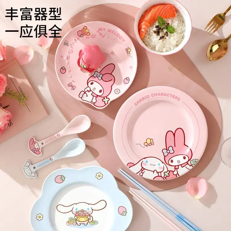 

Sanrio My Melody Tableware Bowl Dish Spoon Chopsticks Ceramic Set Girl Heart Kawaii Anime Table Setting Birthday Gift for Kids