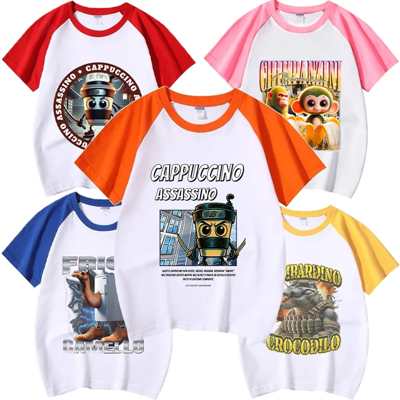 Italian Brainrot Casual Patchwork T-shirts Animal Cotton Short Sleeve Summer Shirts Tee Boy Girl Panelled Tops Colorful Clothing