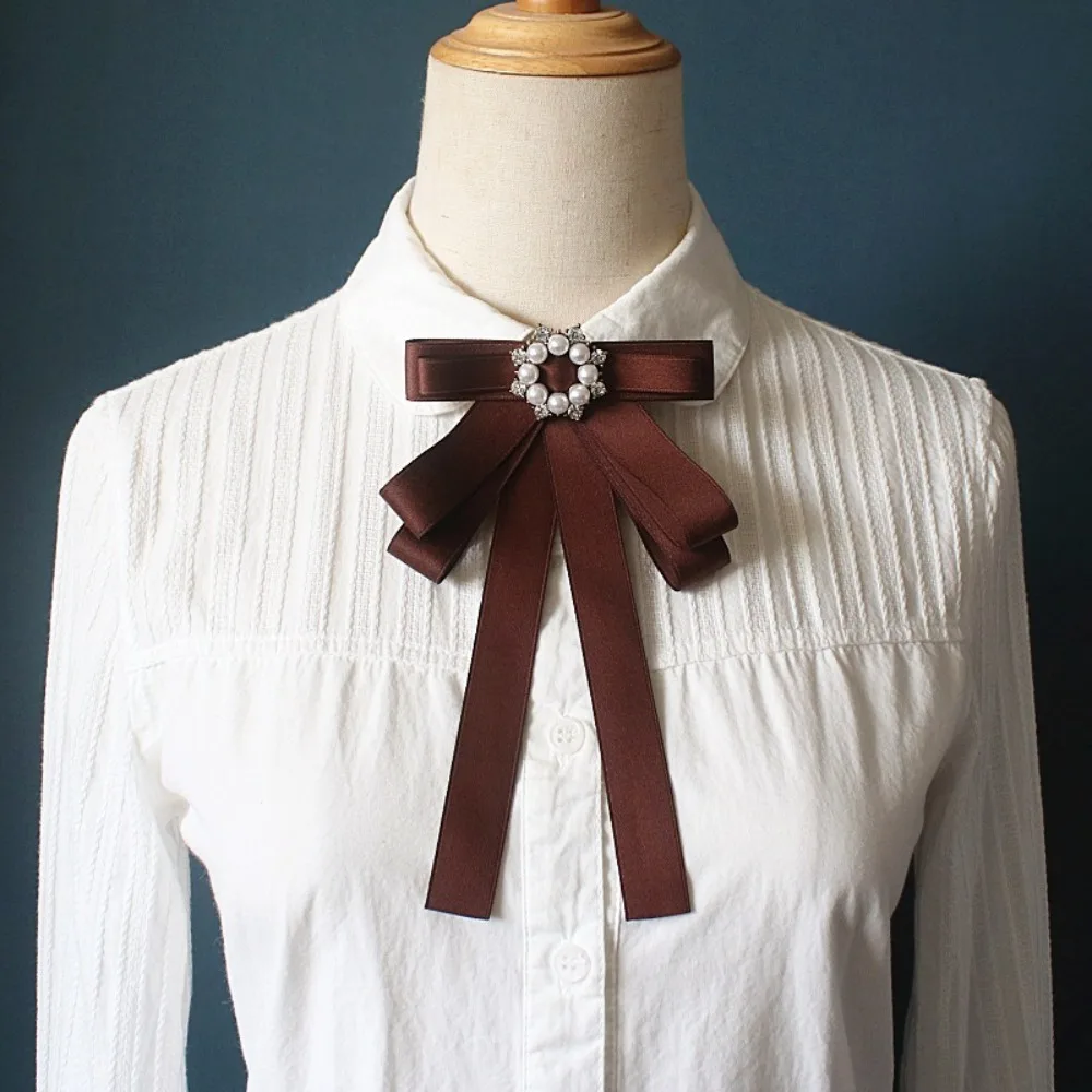 New Stylish Ribbon Bow Tie Brooch Coffee Color Elegant Charming Pins Professional Collar Flower For Girls