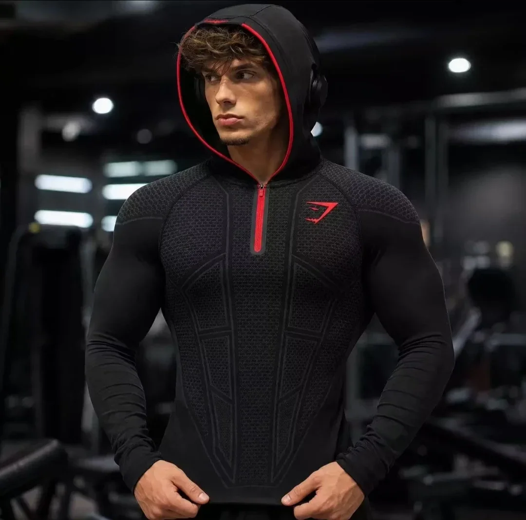 GYM SHARK Men's Fitness Compression Hooded Long Sleeve, Slim Fit, ONYXV1 Fitness Hooded Long Sleeve, Suitable for Outdoor Fitnes