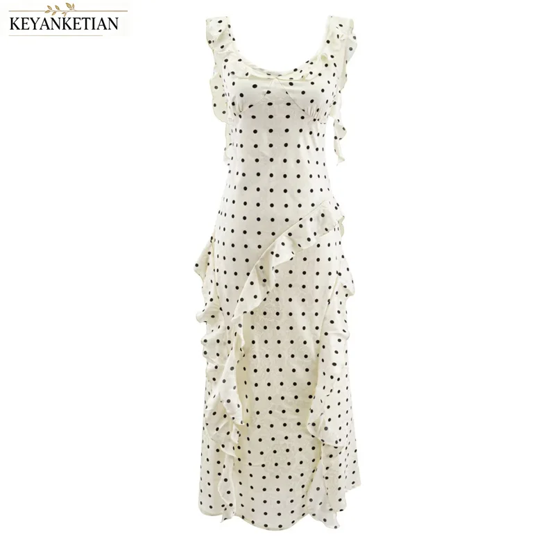 KEYANKETIAN 2026 White Polka Dot Maxi Dress U Neck Ruffle Straps Asymmetric Ruffle Slim Flowy Sleeveless Vacation Slip Dress