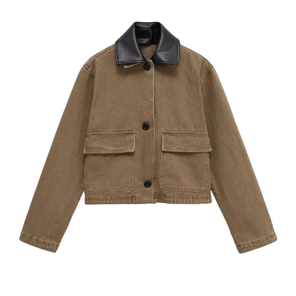 

Винтажная короткая куртка для женщин в стиле пэчворк, свободный контрастный воротник, однобортные куртки с длинными рукавами и карманами, пальто, новинка 2025, осень