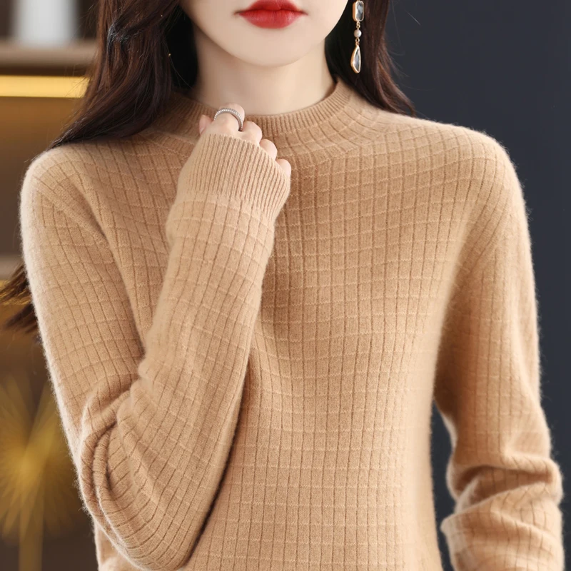 Women New 100% Merino Wool Sweater Autumn Winter Fashion Tops O-Neck Waffle Pullover Square Grid Long Sleeve Jumper Knitwear