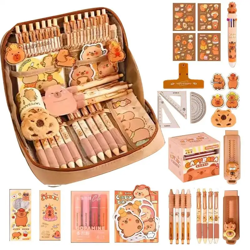 Capybara Themed Stationery Set Cute Pencil Case With Pens, Clips, Rulers And More Wide Opening Pencil Organizer For Students