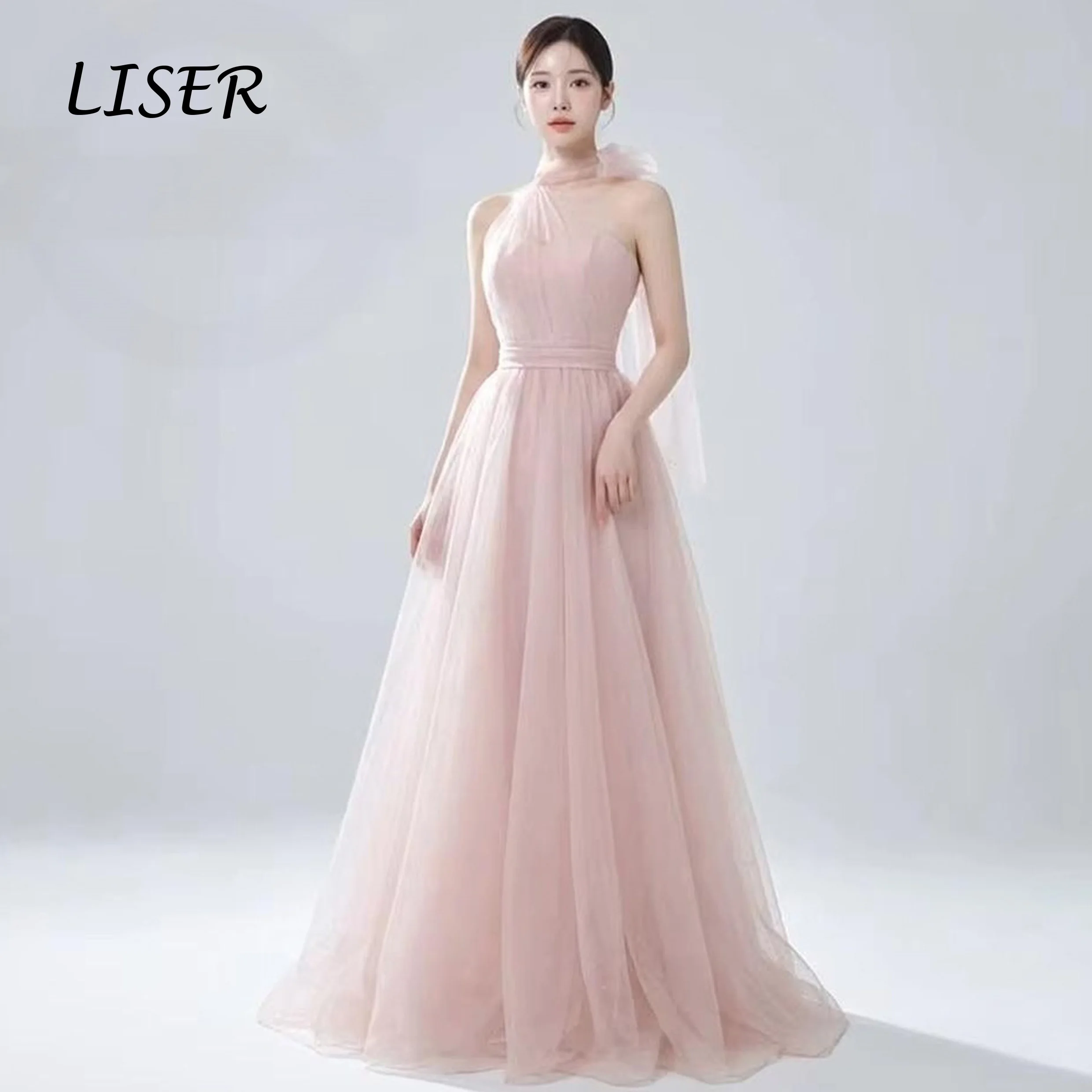 Liser Fairy Soft Pink Halter Evening Party Dresses Korea Photo Shoot A-line No Shining Wedding Gowns Formal Party Customized