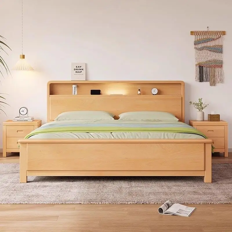 All beech solid wood bed simple 1.35 meters log color beech bed master bedroom Nordic 1.2 meters bed storage