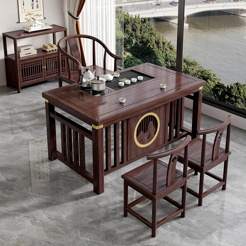 Small household solid wood tea table and kettle integrated