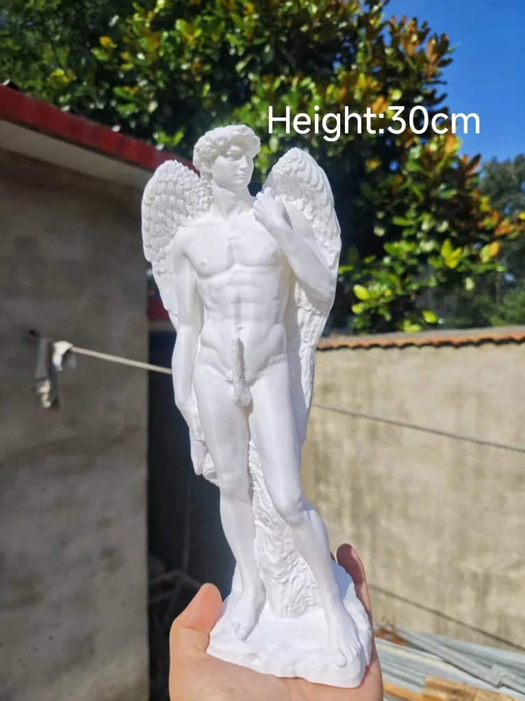 Vintage Greek Style 3D Printed Nude Male Angel Statue 30cm Winged Muscle Man Figurine White Gypsum Art Decor Tabletop Ornament