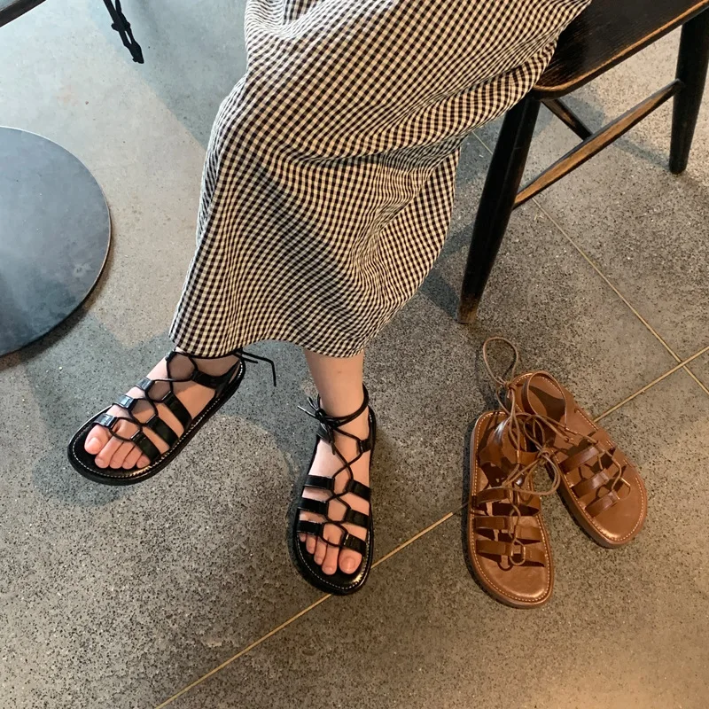 Retro Woman Shoes 2024 Sandals Soft Cross Summer Heels Suit Female Beige Cross-Shoes Original Low New Comfort Girls Beach Flat C