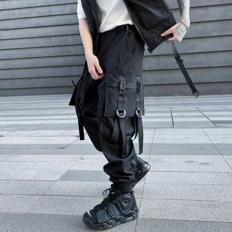 Techwear Cargo Pants 2023 Spring Autumn Mens Harajuku Hip Hop Multi Pockets Ribbons Trousers Street Wear