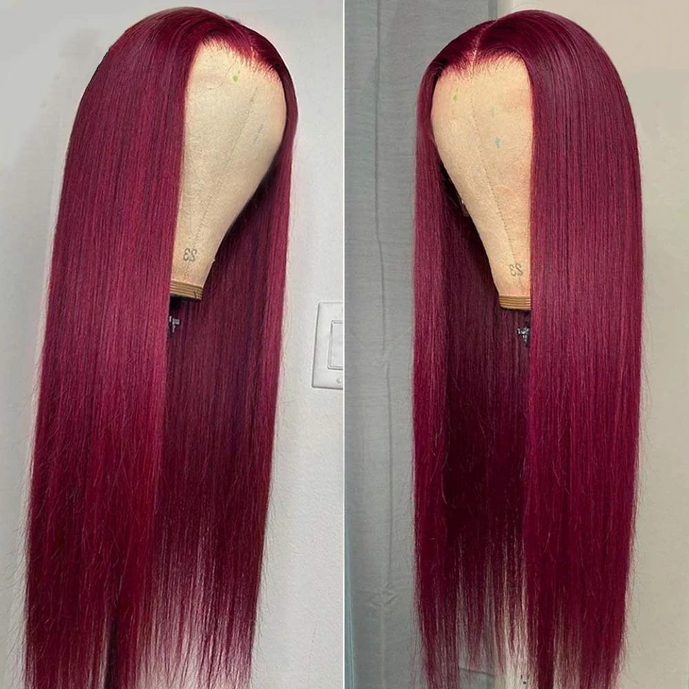 Peruvian Straight Hair 13x4 Lace Front Wigs Human Hair Wigs 1B99J Red Burgundy Pre-Plucked 180% Remy Human Hair Deep Part Wig