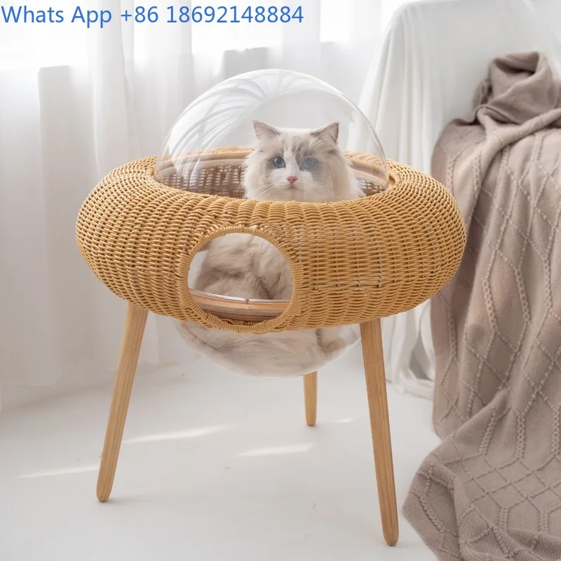 

All-Season Straw Woven Cat Hanging Basket Transparent Space Capsule UFO Rattan Pet Cat Supplies