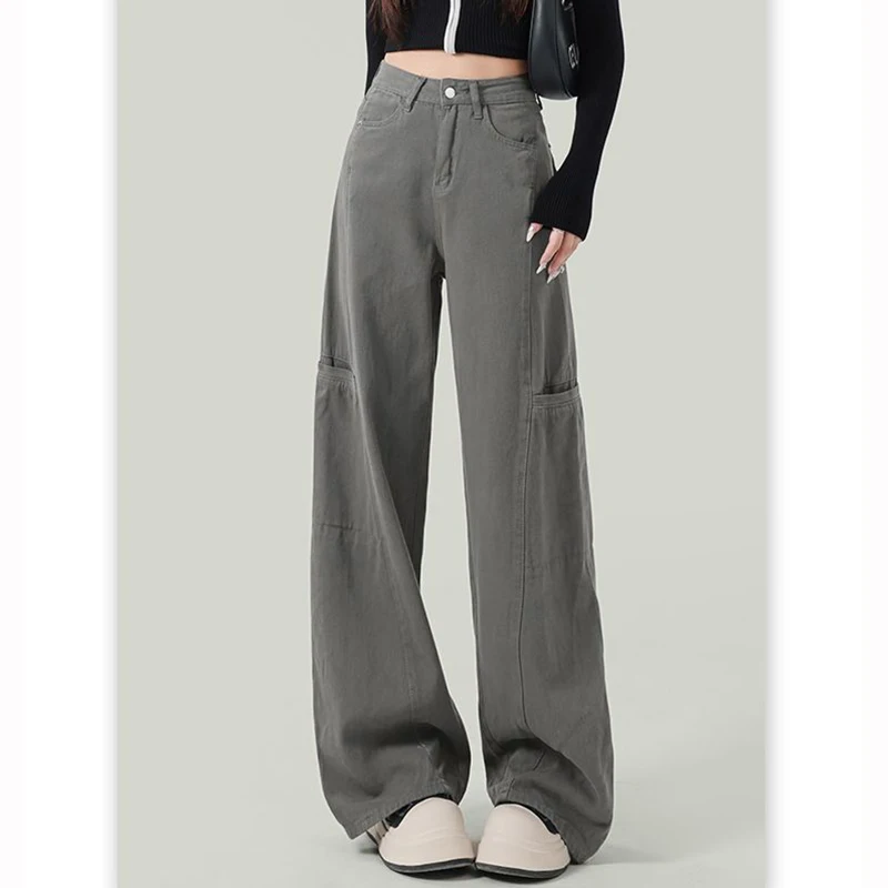 Lady Streetwear Ins Korean High Waist Jeans Hot Sale Female Straight Leg Cargo Pants Girls Retro Solid Denim Trousers