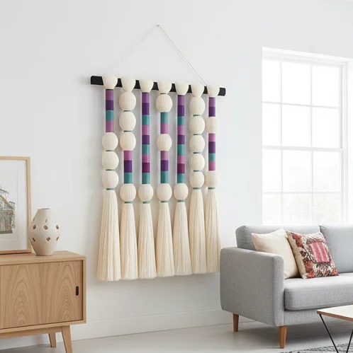 #￥Asymmetric Vertical Bohemian Wind Blue Purple Possimia Manual Weaving 1mm Cotton Rope Wall Hanging for Wedding Birthday Diwali