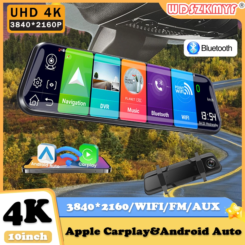 4K 10 Inch Dash Cam Car DVR Carplay Android Auto WIFI BT AUX Drive Recorder Dashcam Camera Stream Rear View Mirror Car accessory